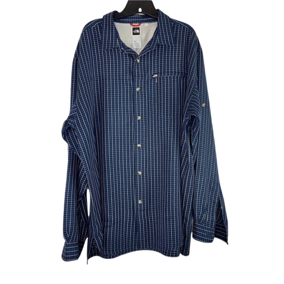 North Face Long Sleeve Button Down Shirt Roll Tab Sleeves Navy Blue Plaid - Picture 1 of 7